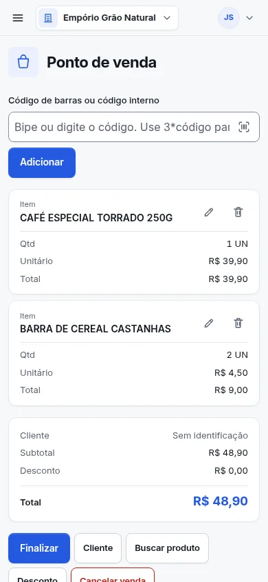 Ponto de venda do Vender+ no celular com dois produtos bipados e o total da venda