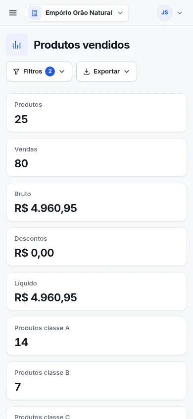 Relatório de produtos vendidos do Vender+